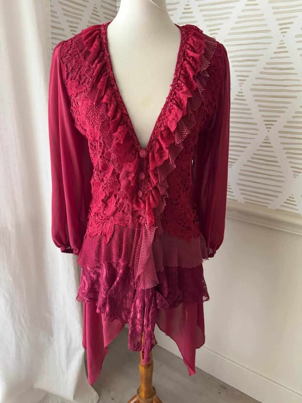 Pretty Angel Small Maroon Red Whimsigoth Feminine Frilly Ruffle Button Cardigan